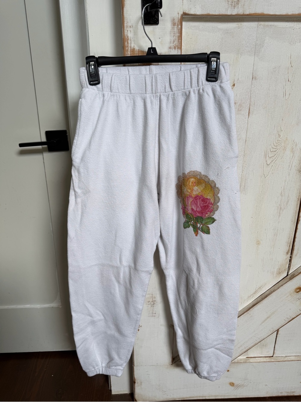 Boys Lie White Sweatpants with Pink & Yellow Rose Graphic